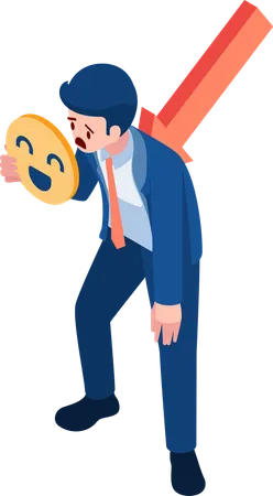 Flat 3 D Isometric Businessman Hide His Depression Behind Happy Mask Stress And Depression Concept Illustration