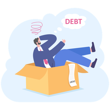 Businessman hiding in box from debt attack  Illustration