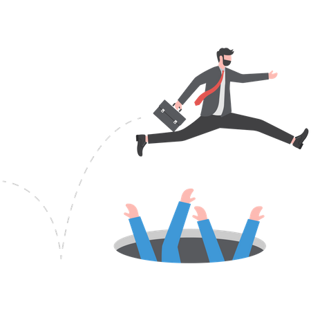 Businessman high-jumps over pit  Illustration
