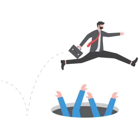Businessman High Jumps Over Pit Business And Competitions Personal Growth Overcome Difficulties Illustration