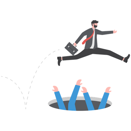 Businessman high-jumps over pit  Illustration