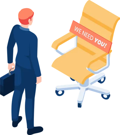 Flat 3 D Isometric Businessman Standing With Ceo Chair With We Need You Message Business Hiring And Recruiting Concept Illustration