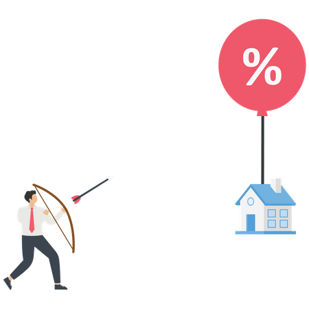 Businessman hit a home interest rate balloon with an arrow  Illustration