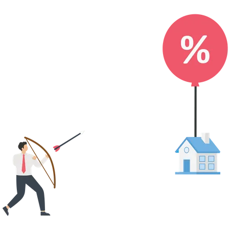 Businessman hit a home interest rate balloon with an arrow  Illustration