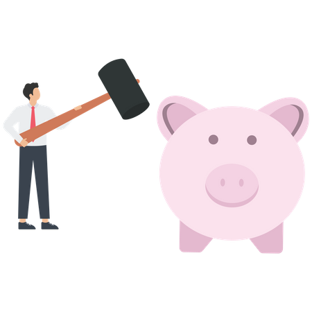 Businessman hits a piggy bank for personal finance concept  Illustration