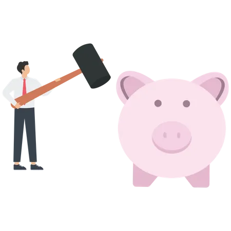 Businessman hits a piggy bank for personal finance concept  Illustration