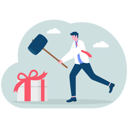 Businessman hits gift box  Illustration