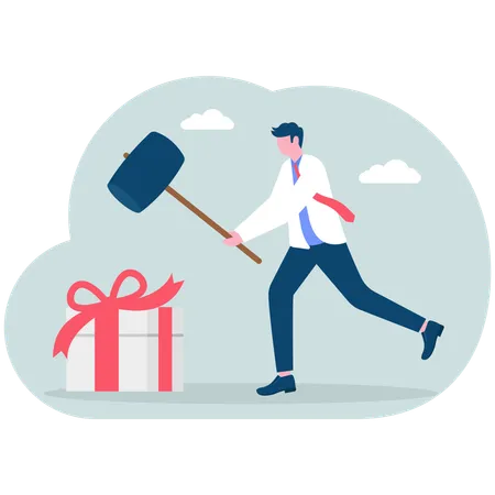 Businessman hits gift box  Illustration