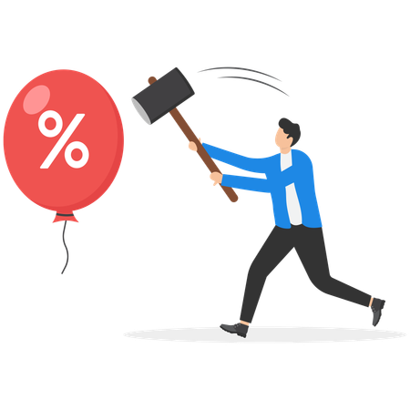 Businessman hitting balloon with hammer.  Illustration