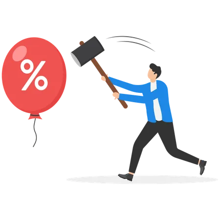 Businessman hitting balloon with hammer.  Illustration