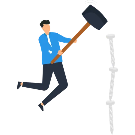 Businessman Hitting Nail with Sledgehammer  Illustration