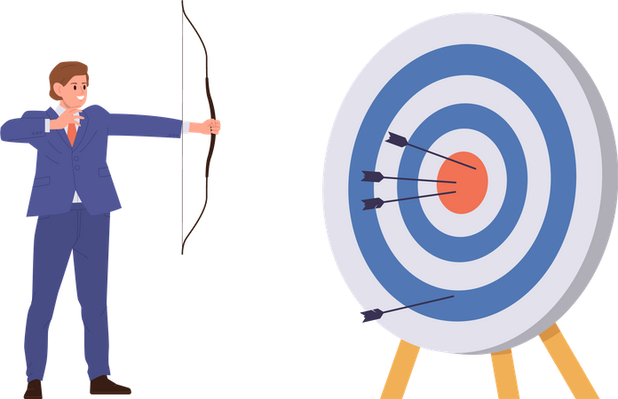 Happy businessman hitting aim target with bow arrow after one failure attempt  Illustration
