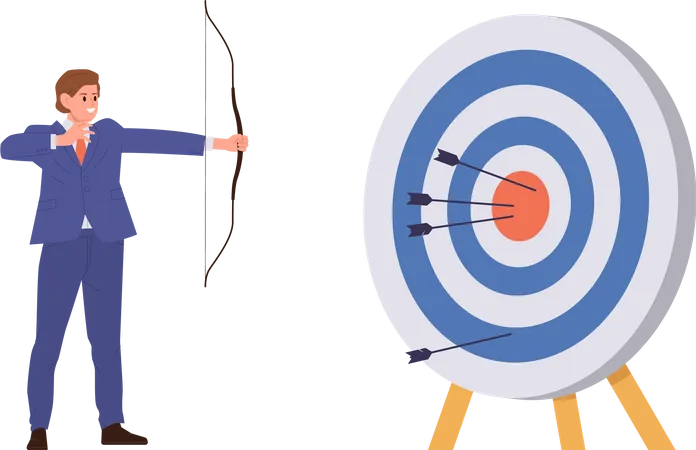 Happy businessman hitting aim target with bow arrow after one failure attempt  Illustration