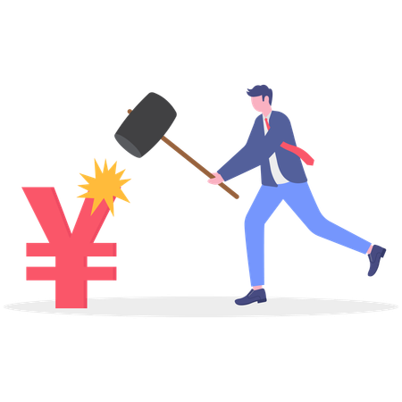 Businessman hitting yen sign using hammer  Illustration