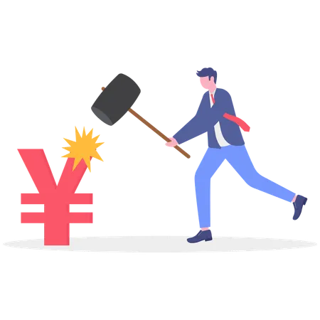 Businessman hitting yen sign using hammer  Illustration