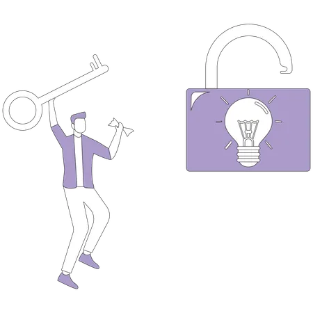 Businessman hold a golden key and unlock a light bulb  Illustration