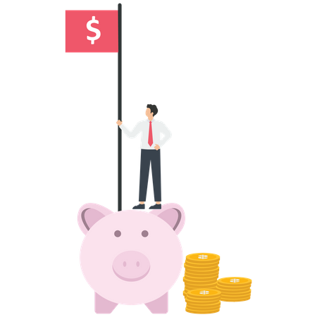 Businessman hold a US dollar flag stands on a piggy bank  Illustration