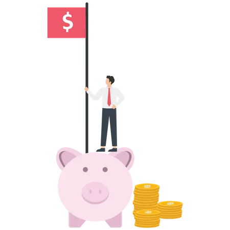 Businessman hold a US dollar flag stands on a piggy bank  Illustration