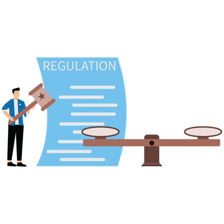 Businessman hold gavel with scale and regulation document  Illustration