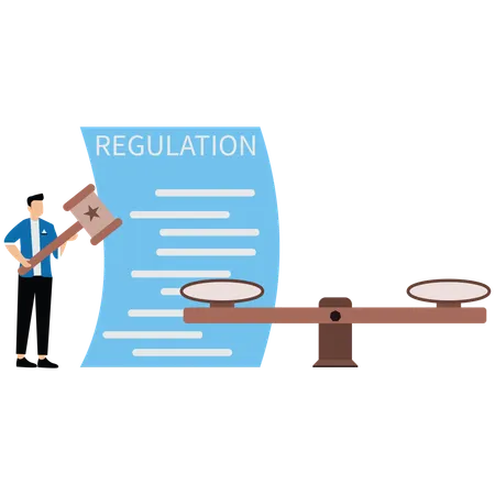 Businessman hold gavel with scale and regulation document  Illustration