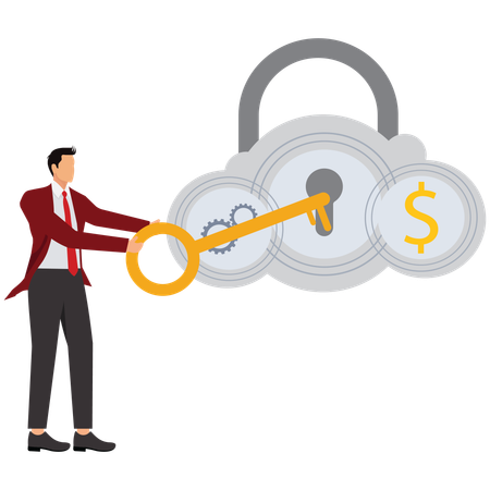 Businessman hold key for unlock cloud server  Illustration