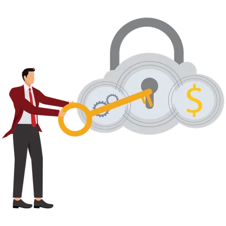 Businessman hold key for unlock cloud server  Illustration