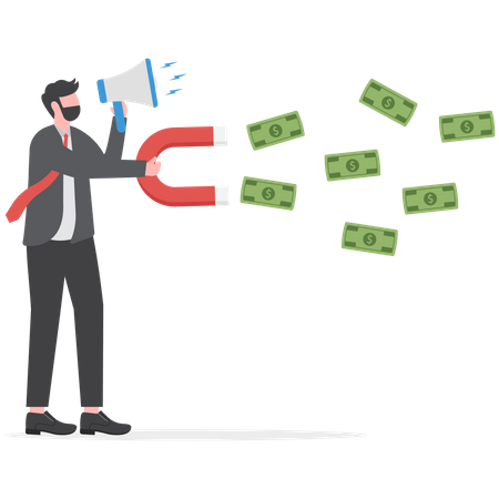 Businessman hold large magnets and attract money  Illustration