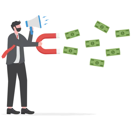 Businessman hold large magnets and attract money  Illustration