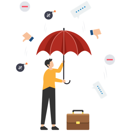 Businessman hold strong umbrella protect from negative feedback  Illustration