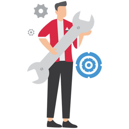 Businessman hold wrench to adjust cogwheel symbolizing optimization for business improvement  Illustration