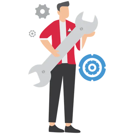 Businessman hold wrench to adjust cogwheel symbolizing optimization for business improvement  Illustration