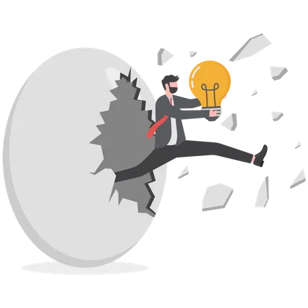 Businessman holding a big idea light bulb and breaking out of a giant egg shell  Illustration