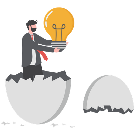 Businessman holding a big idea light bulb and breaking out of a giant egg shell  Illustration