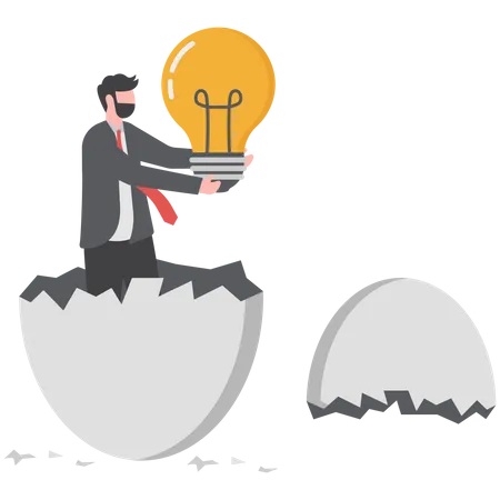 Businessman holding a big idea light bulb and breaking out of a giant egg shell  Illustration