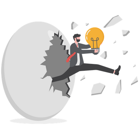 Businessman holding a big idea light bulb and breaking out of a giant egg shell  Illustration