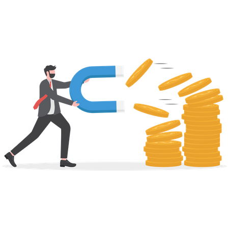 Businessman holding a big magnet and attracting money  Illustration