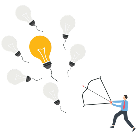 Businessman holding a bow and arrow shooting a light bulb in the middle of a group of flying light bulbs  Illustration