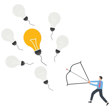 Businessman holding a bow and arrow shooting a light bulb in the middle of a group of flying light bulbs  Illustration