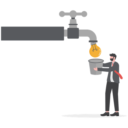 Businessman holding a bucket to get ideas flowing from the tap  Illustration