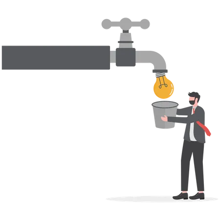 Businessman Holding A Bucket To Get Ideas Flowing From The Tap Businessman Accepting New Ideas Hand Open For New Ideas Inspiring Business Leaders Minds Illustration