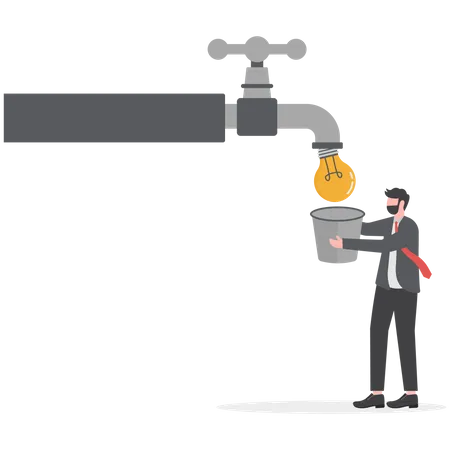 Businessman holding a bucket to get ideas flowing from the tap  Illustration