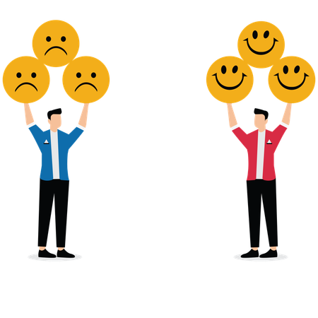 Businessman holding a bunch of smiley emoticons another businessman holding a bunch of sad emoticons  Illustration