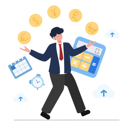 Businessman holding a calculator and surrounded by currency symbols  Illustration