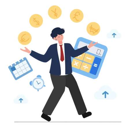 Businessman holding a calculator and surrounded by currency symbols  Illustration