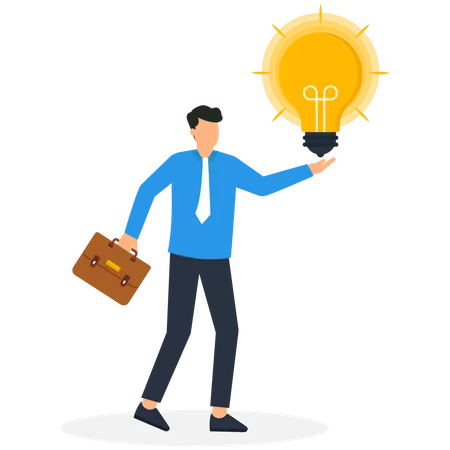 Businessman holding a glowing light bulb knowledge and creativity Illustration