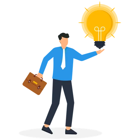 Businessman holding a glowing light bulb knowledge and creativity  Illustration