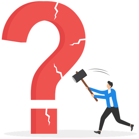 Businessman holding a hammer cracked a question mark  Illustration