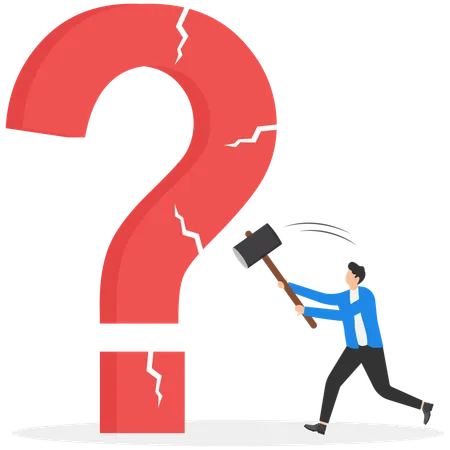 Businessman holding a hammer cracked a question mark  Illustration