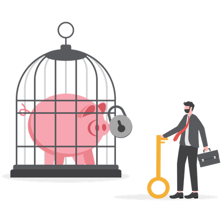 Businessman holding a key looking at a piggy bank in a cage  Illustration