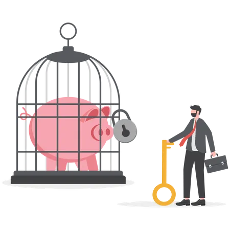 Businessman holding a key looking at a piggy bank in a cage  Illustration